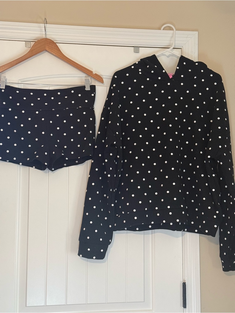 Black Polka Dot Hoodie and Shorts Set - White Dot Print